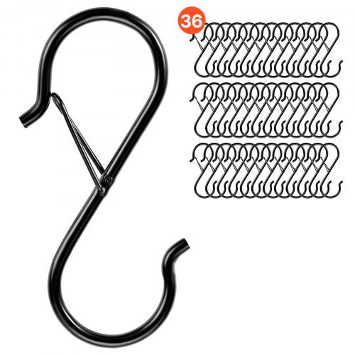 S Hooks 36 Pack, 39.68 LBS Capacity for Bars up to 0.85 Inch, S Shaped Hooks with Safety Buckle, Heavy Duty Metal Hangers for Plants, Jeans, Clothes in Garden, Closet, Kitchen, Bedroom, Black