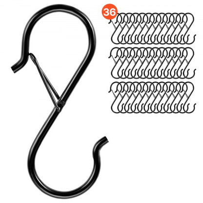 S Hooks 36 Pack, 39.68 LBS Capacity for Bars up to 0.85 Inch, S Shaped Hooks with Safety Buckle, Heavy Duty Metal Hangers for Plants, Jeans, Clothes in Garden, Closet, Kitchen, Bedroom, Black