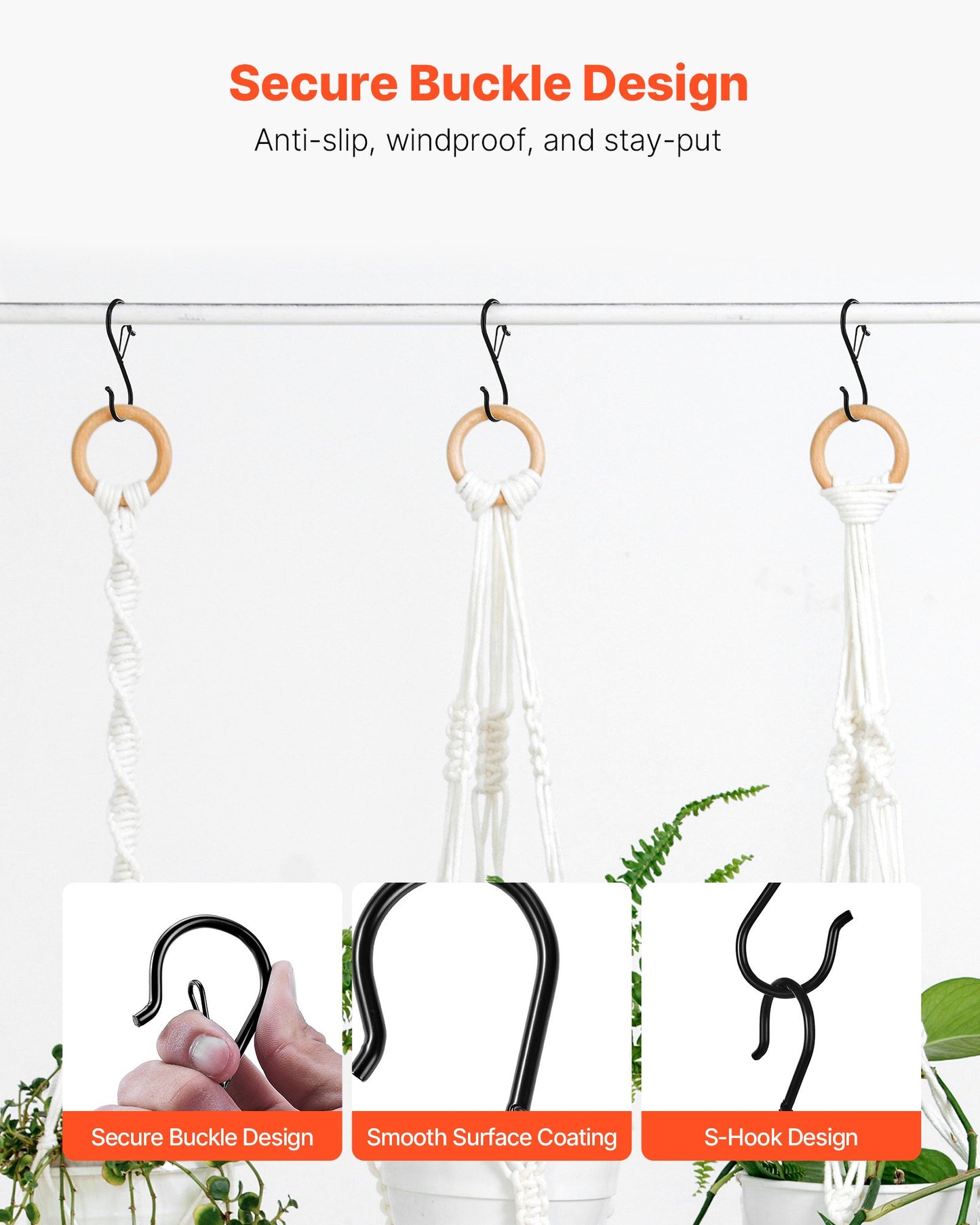 S Hooks 36 Pack, 39.68 LBS Capacity for Bars up to 0.85 Inch, S Shaped Hooks with Safety Buckle, Heavy Duty Metal Hangers for Plants, Jeans, Clothes in Garden, Closet, Kitchen, Bedroom, Black