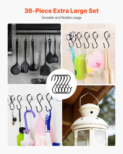 S Hooks 36 Pack, 39.68 LBS Capacity for Bars up to 0.85 Inch, S Shaped Hooks with Safety Buckle, Heavy Duty Metal Hangers for Plants, Jeans, Clothes in Garden, Closet, Kitchen, Bedroom, Black