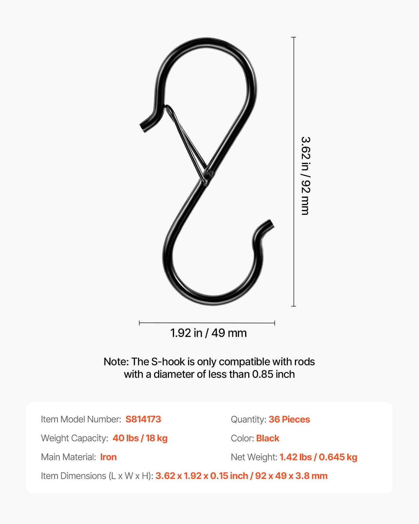 S Hooks 36 Pack, 39.68 LBS Capacity for Bars up to 0.85 Inch, S Shaped Hooks with Safety Buckle, Heavy Duty Metal Hangers for Plants, Jeans, Clothes in Garden, Closet, Kitchen, Bedroom, Black