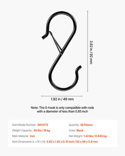 S Hooks 36 Pack, 39.68 LBS Capacity for Bars up to 0.85 Inch, S Shaped Hooks with Safety Buckle, Heavy Duty Metal Hangers for Plants, Jeans, Clothes in Garden, Closet, Kitchen, Bedroom, Black