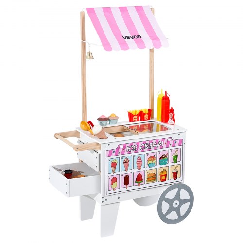 Ice Cream Cart for Kids, 20+ PCS Accessories, Pretend Play Ice Cream Shop Kitchen Food Toys with Ice Cream Cone & Popsicle, Awning & Freezer, Storage Drawers & Flipping Menus, For Kids Aged 3-7
