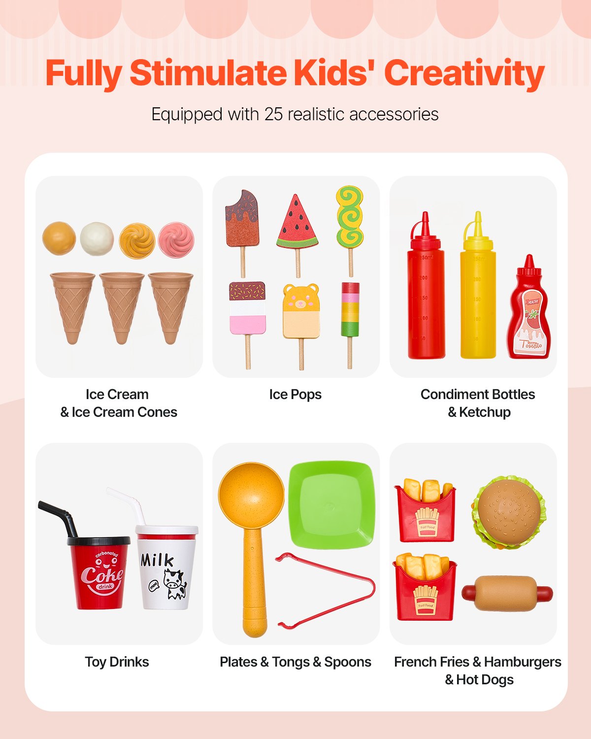 Ice Cream Cart for Kids, 20+ PCS Accessories, Pretend Play Ice Cream Shop Kitchen Food Toys with Ice Cream Cone & Popsicle, Awning & Freezer, Storage Drawers & Flipping Menus, For Kids Aged 3-7
