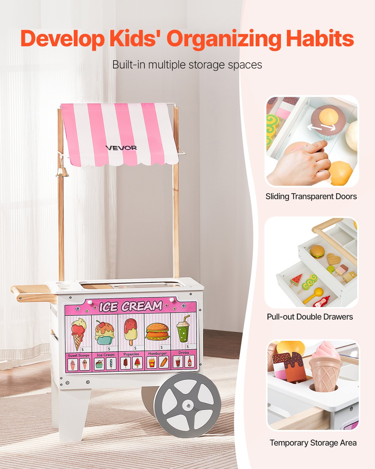 Ice Cream Cart for Kids, 20+ PCS Accessories, Pretend Play Ice Cream Shop Kitchen Food Toys with Ice Cream Cone & Popsicle, Awning & Freezer, Storage Drawers & Flipping Menus, For Kids Aged 3-7