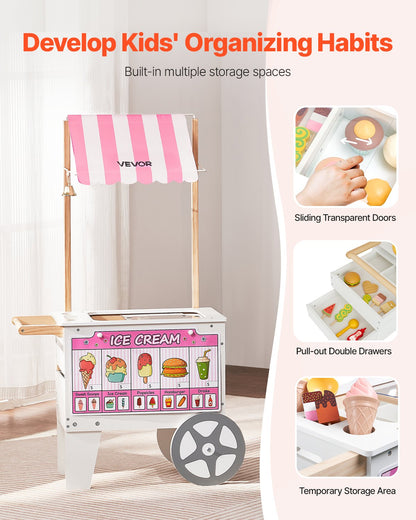 Ice Cream Cart for Kids, 20+ PCS Accessories, Pretend Play Ice Cream Shop Kitchen Food Toys with Ice Cream Cone & Popsicle, Awning & Freezer, Storage Drawers & Flipping Menus, For Kids Aged 3-7