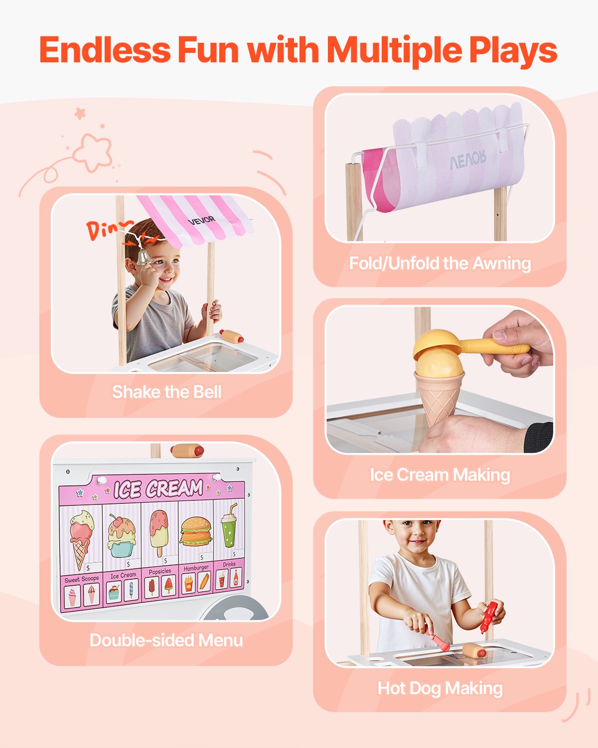 Ice Cream Cart for Kids, 20+ PCS Accessories, Pretend Play Ice Cream Shop Kitchen Food Toys with Ice Cream Cone & Popsicle, Awning & Freezer, Storage Drawers & Flipping Menus, For Kids Aged 3-7