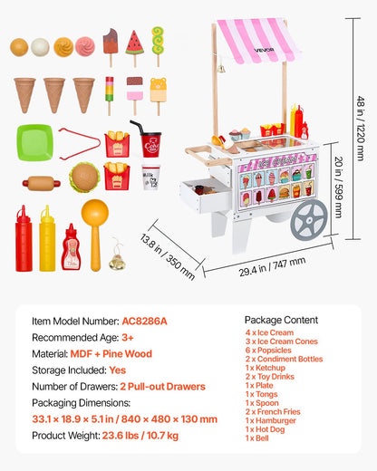 Ice Cream Cart for Kids, 20+ PCS Accessories, Pretend Play Ice Cream Shop Kitchen Food Toys with Ice Cream Cone & Popsicle, Awning & Freezer, Storage Drawers & Flipping Menus, For Kids Aged 3-7