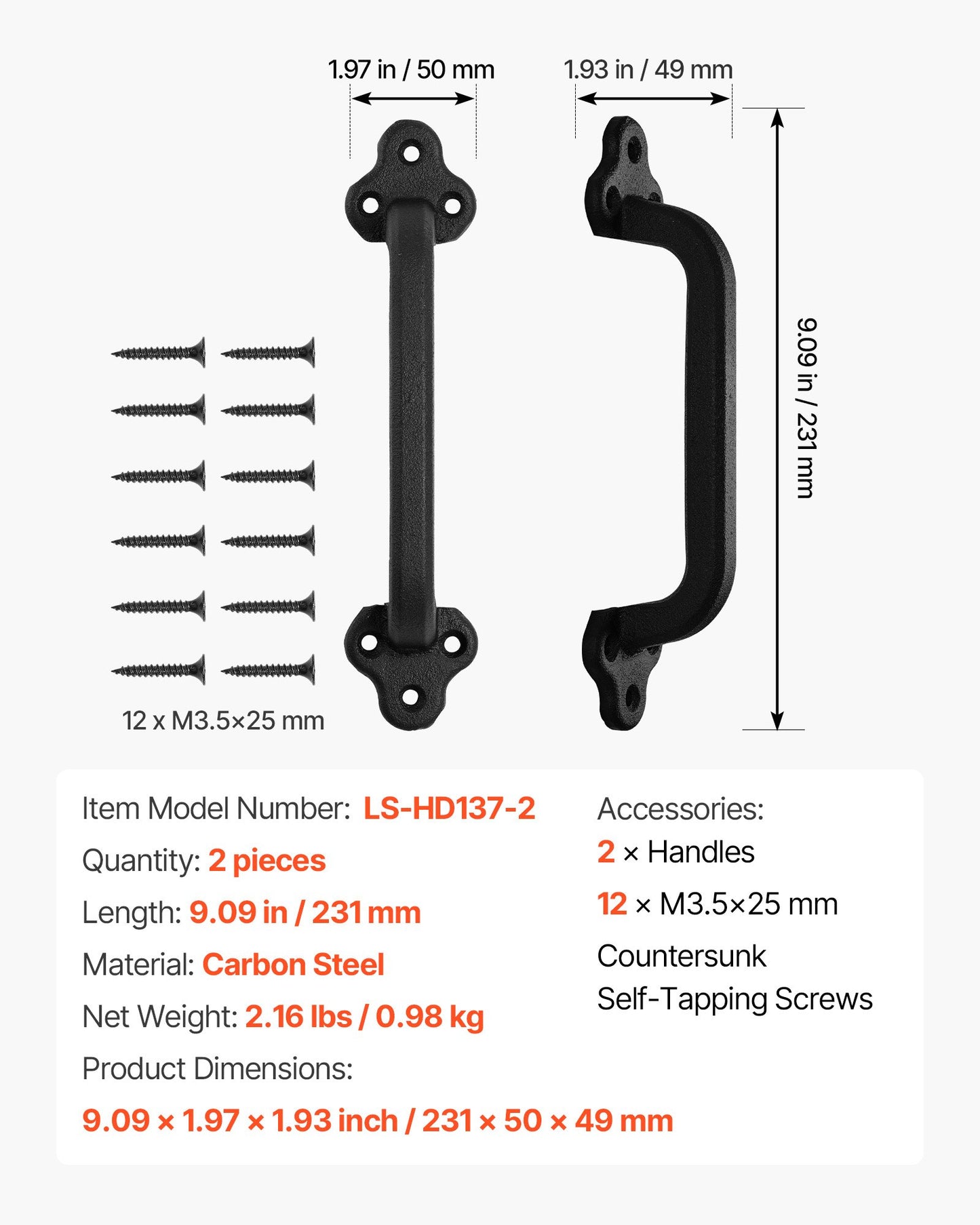 Barn Door Handle, 2Pcs 9 in Rustic Fence Gate Handle, Rust-Resistant Coating, Heavy Duty Carbon Steel Outdoor Gate Handles, Easy to Install, Metal Sliding Door Pulls for Garage Shed Pantry