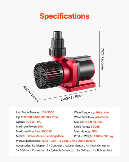 Aquarium 24V DC Water Pump, 30W, 800 GPH Marine Wavemaker Return Pump with Controller, Adjustable Flow, Feed Mode, 11.5 ft Maximum Lift, for Saltwater Freshwater Fish Tank Sump Pond Circulation