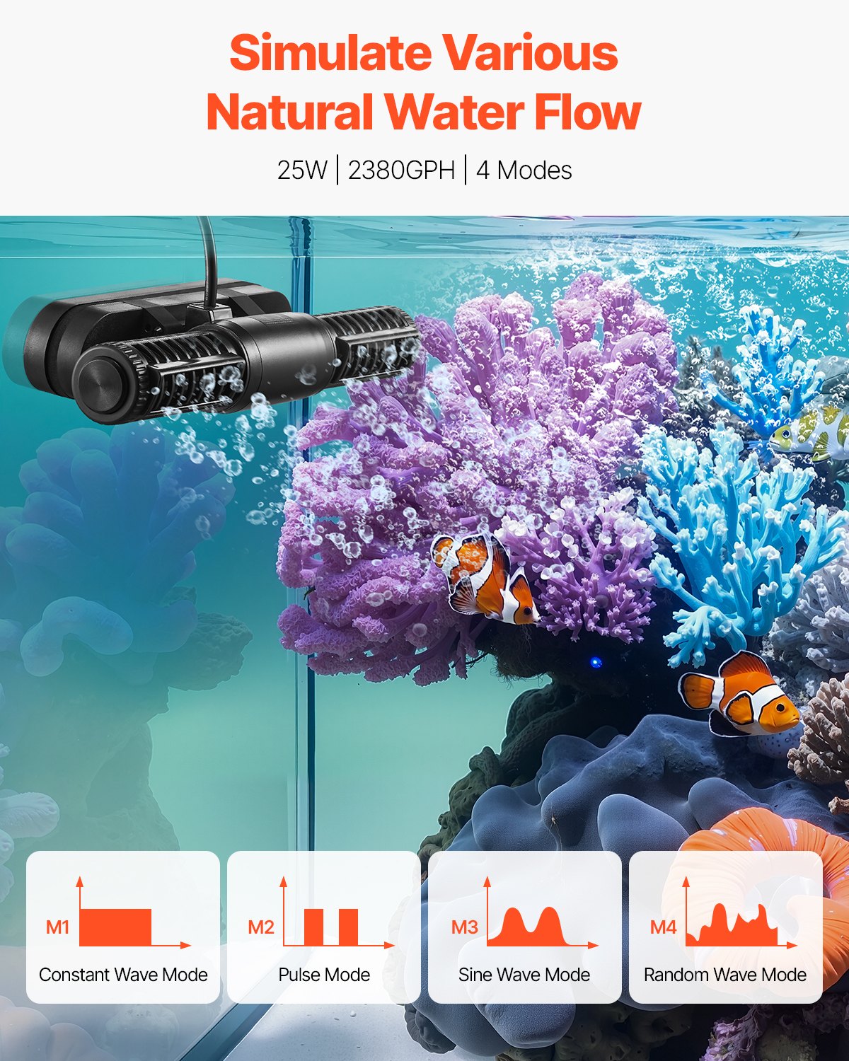 Aquarium Wave Maker, 25W, 2380 GPH Adjustable Cross Flow Pump with Controller, Magnetic DC 24V Aquarium Powerhead, Strong Magnetic Base, 360° Rotating Wavemaker, for Saltwater Marine Freshwater