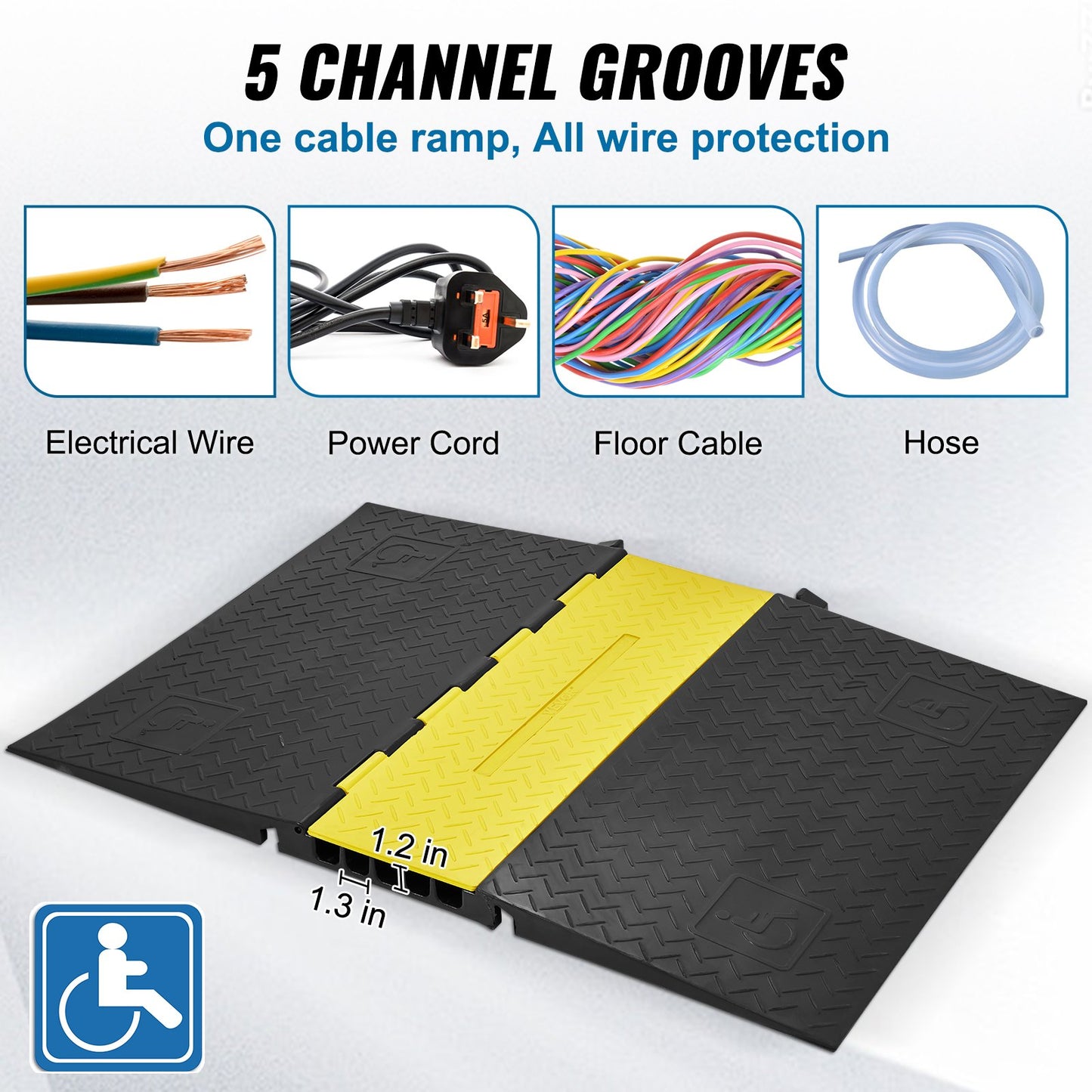 Rubber Cable Guard, 5-Channel, 22000 lbs per Axle Load Capacity, Durable Cord Protection Ramp with Hinged Lid for Driveway, Speed Control, and Accessibility Compliance for Both Indoor & Outdo