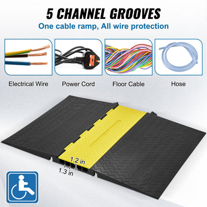 Rubber Cable Guard, 5-Channel, 22000 lbs per Axle Load Capacity, Durable Cord Protection Ramp with Hinged Lid for Driveway, Speed Control, and Accessibility Compliance for Both Indoor & Outdo