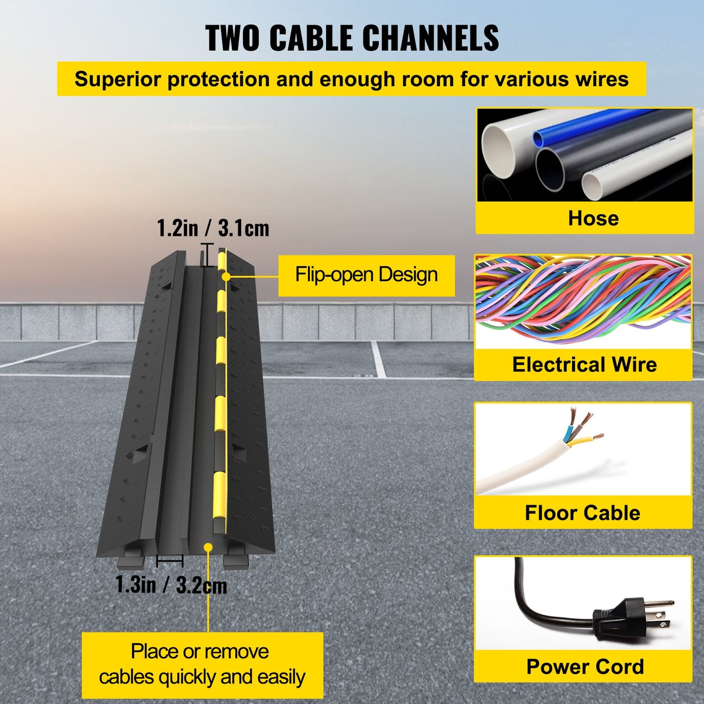 Cable Protection Ramp, 4 Pack 2 Channels Speed Bump, Rubber Modular Speed Barrier Rated 11000 LBS Load Capacity, Protective Wire Cord Ramp Driveway Rubber Traffic Speed Barriers Cable Protection