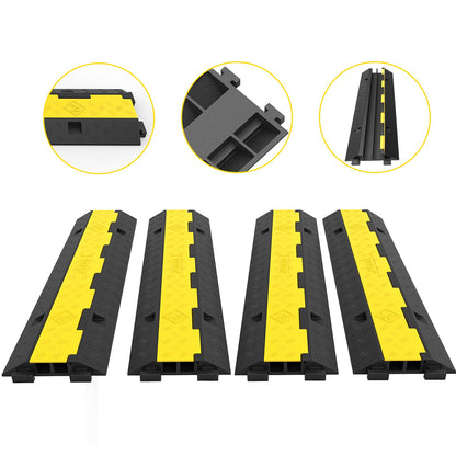 Cable Protection Ramp, 4 Pack 2 Channels Speed Bump, Rubber Modular Speed Barrier Rated 11000 LBS Load Capacity, Protective Wire Cord Ramp Driveway Rubber Traffic Speed Barriers Cable Protection