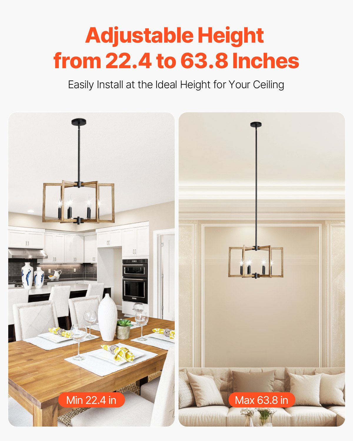 6-Light Chandelier, Metal Farmhouse Chandelier, Adjustable Height, Dining Room Hanging Light Fixture for Ceilings, Modern Chandelier for Bedroom, Foyer, Hall, Kitchen, Living Room and Entryway