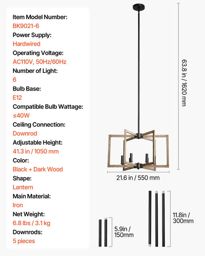 6-Light Chandelier, Metal Farmhouse Chandelier, Adjustable Height, Dining Room Hanging Light Fixture for Ceilings, Modern Chandelier for Bedroom, Foyer, Hall, Kitchen, Living Room and Entryway