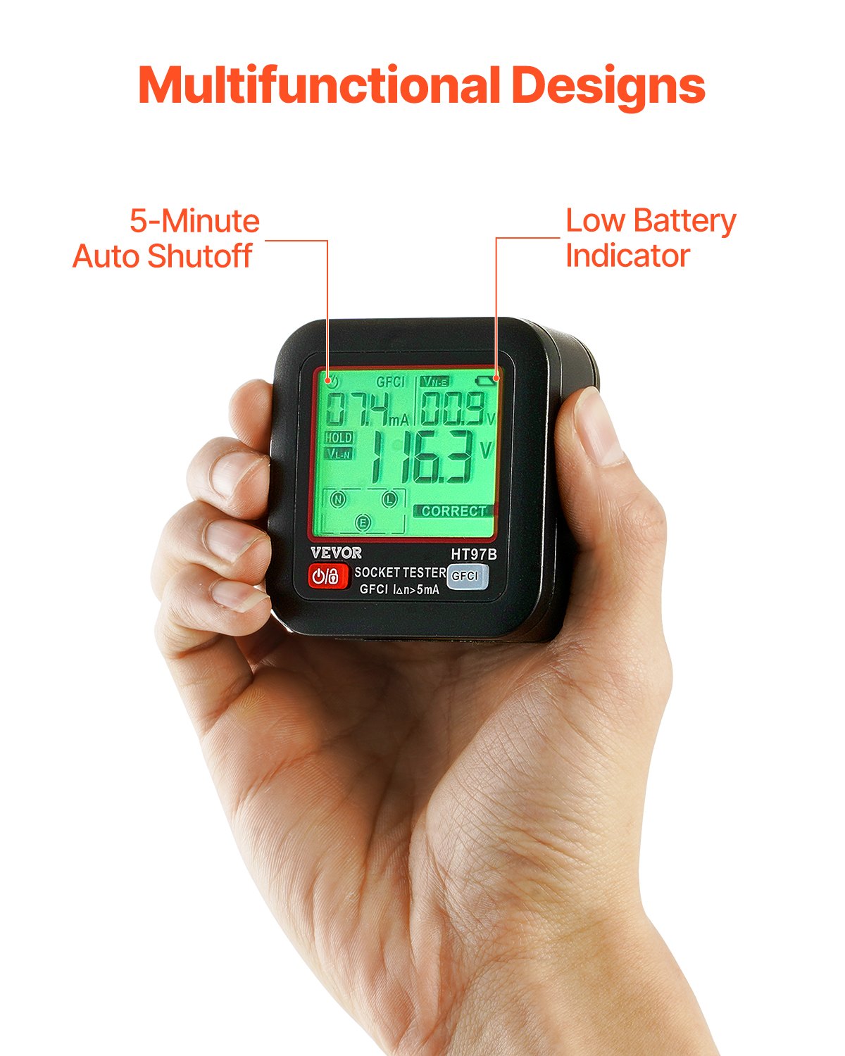 Outlet Tester, Electrical GFCI Trip Tester, LCD Display Receptacle Detector for 7 Common Wiring Faults, 3 Prong Socket Detector with Auto Shutoff & Low Battery Indicator, CAT II 300V Rating