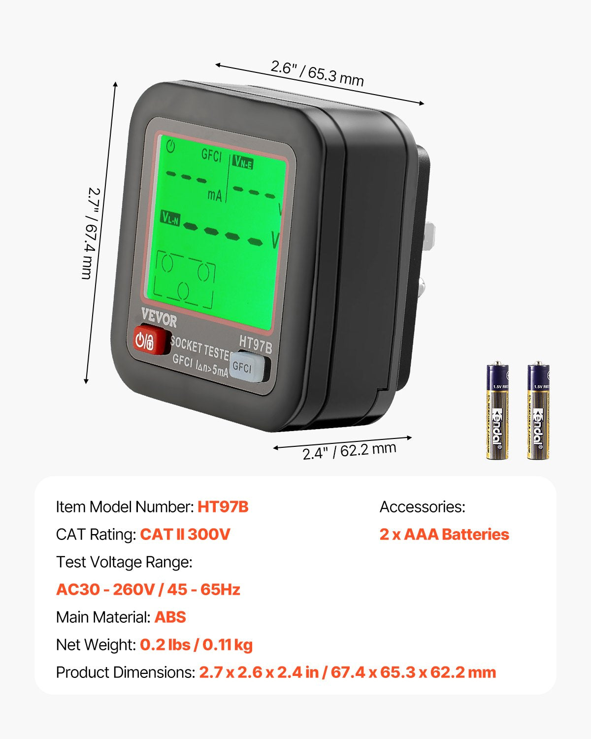 Outlet Tester, Electrical GFCI Trip Tester, LCD Display Receptacle Detector for 7 Common Wiring Faults, 3 Prong Socket Detector with Auto Shutoff & Low Battery Indicator, CAT II 300V Rating