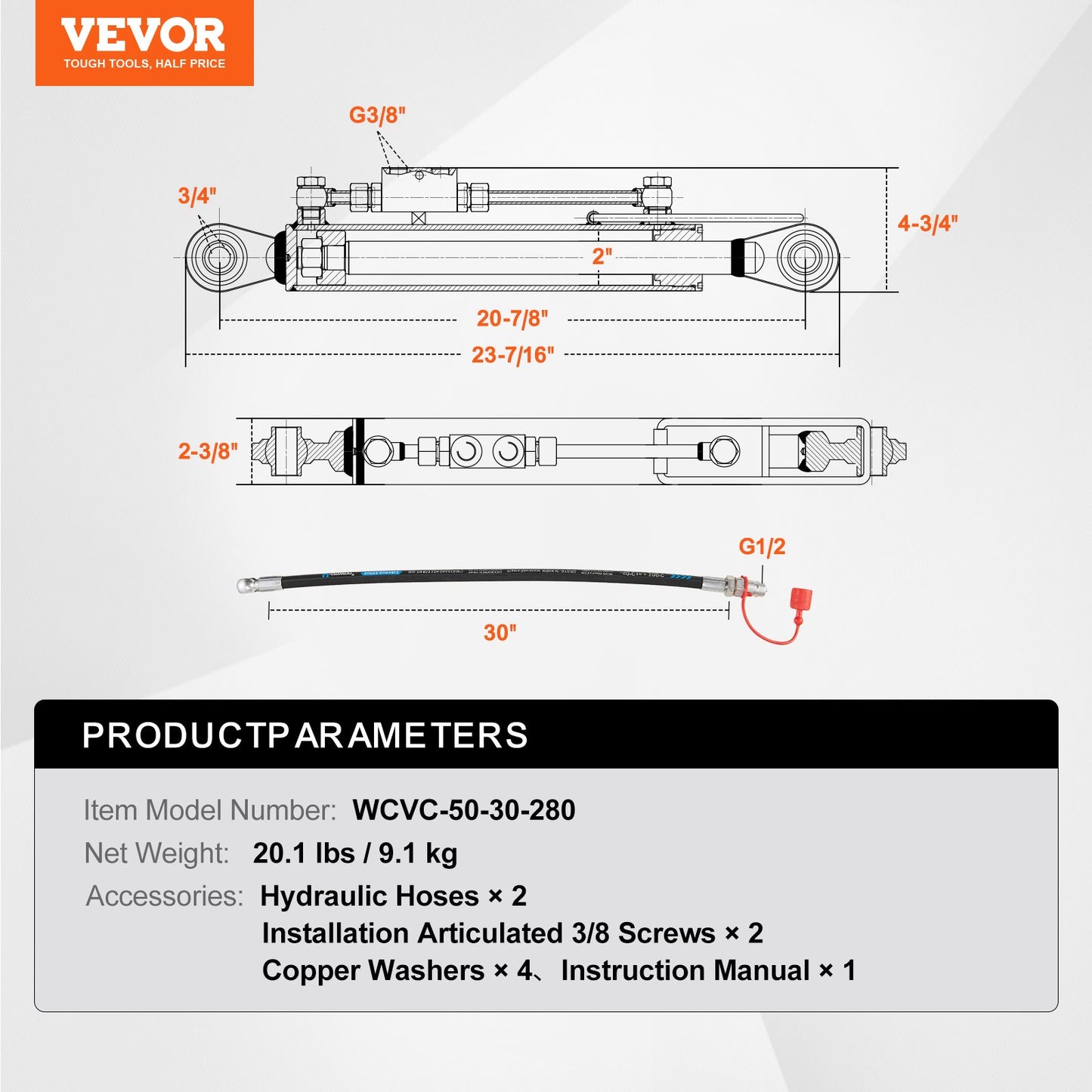 Hydraulic Top Link Cat.1-1 (11 in, 20-7/8~31-7/8 in ), Hydraulic Cylinder with 2 Hoses & G3/8" Check Valve