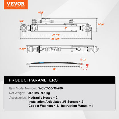 Hydraulic Top Link Cat.1-1 (11 in, 20-7/8~31-7/8 in ), Hydraulic Cylinder with 2 Hoses & G3/8" Check Valve