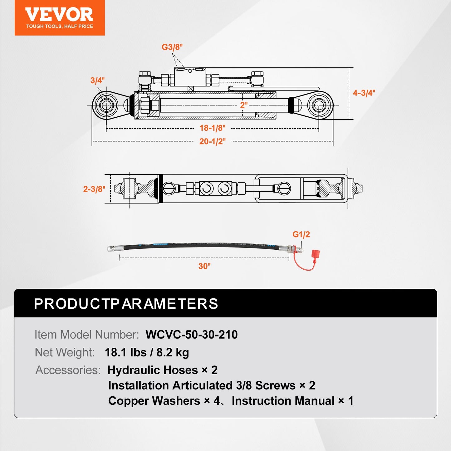 Hydraulic Top Link Cat.1-1 (8-1/4 in, 18-1/8~26-3/8 in ), Hydraulic Cylinder with 2 Hoses & G3/8" Check Valve