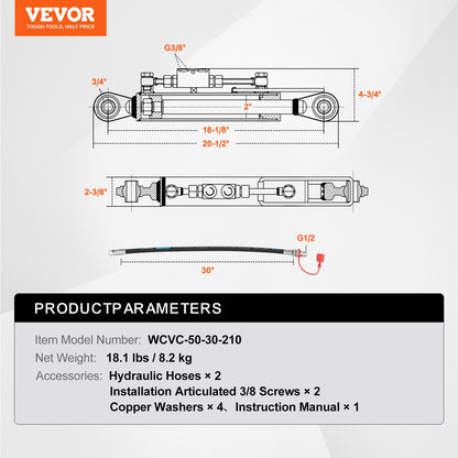 Hydraulic Top Link Cat.1-1 (8-1/4 in, 18-1/8~26-3/8 in ), Hydraulic Cylinder with 2 Hoses & G3/8" Check Valve