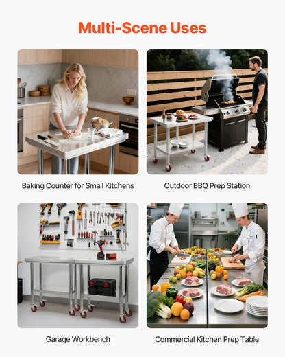 Stainless Steel Table, 24 x 30 Inches Food Prep Worktable with Wheels, Kitchen Prep Table with Adjustable Undershelf Workstations for Commercial Kitchen, Restaurant, Hotel and Garage, Outdoor