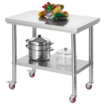 Stainless Steel Table, 24 x 35.4 Inches Food Prep Worktable with Wheels, Kitchen Prep Table with Adjustable Undershelf Workstations for Commercial Kitchen, Restaurant, Hotel and Garage, Outdoor