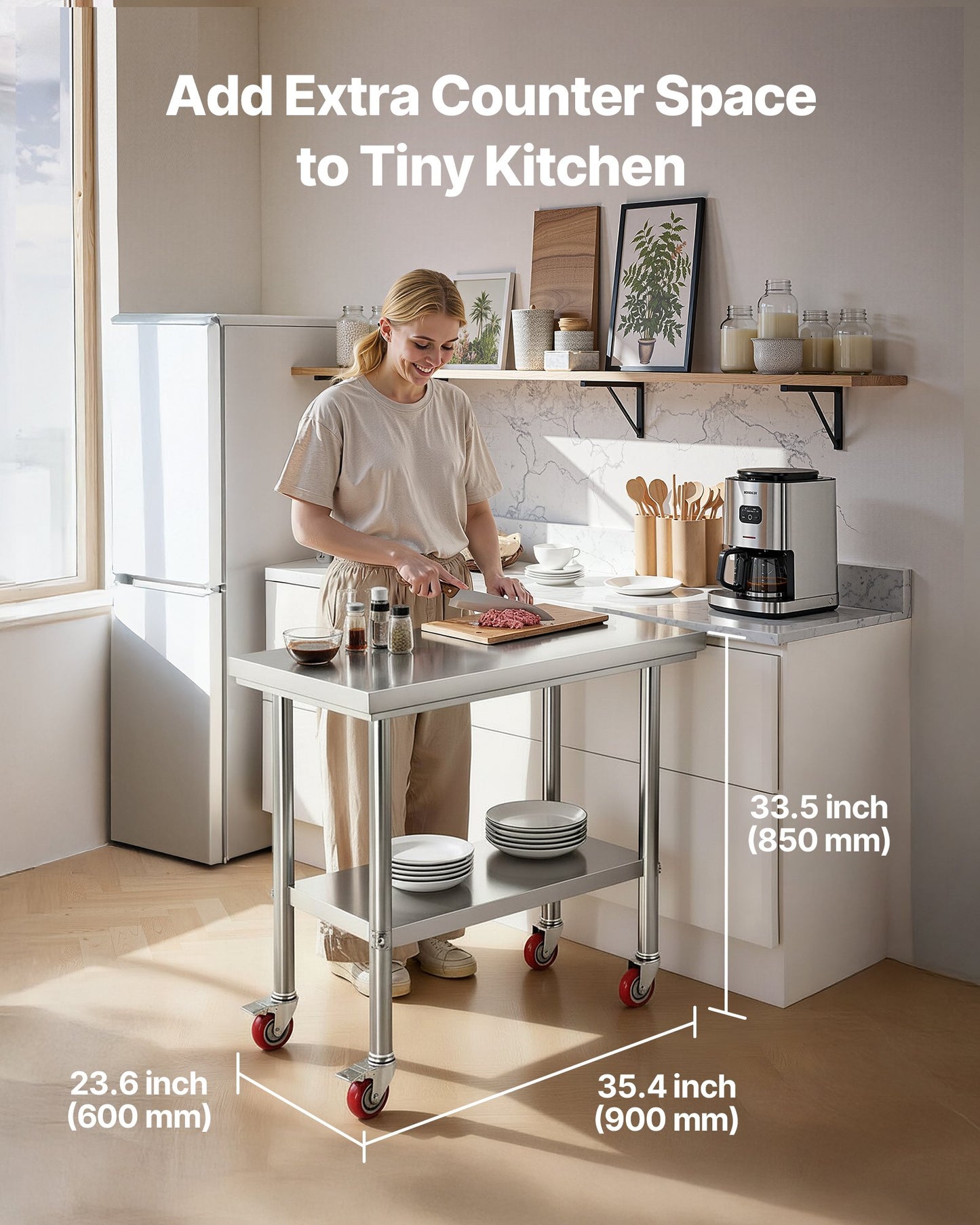 Stainless Steel Table, 24 x 35.4 Inches Food Prep Worktable with Wheels, Kitchen Prep Table with Adjustable Undershelf Workstations for Commercial Kitchen, Restaurant, Hotel and Garage, Outdoor