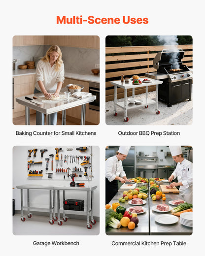 Stainless Steel Table, 24 x 35.4 Inches Food Prep Worktable with Wheels, Kitchen Prep Table with Adjustable Undershelf Workstations for Commercial Kitchen, Restaurant, Hotel and Garage, Outdoor