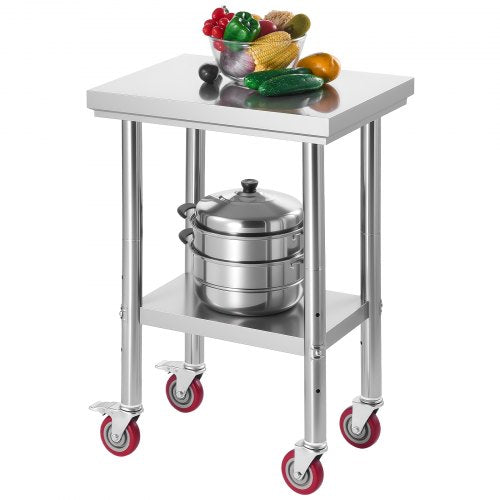 Stainless Steel Table, 24 x 18 Inches Food Prep Worktable with Wheels, Kitchen Prep Table with Adjustable Undershelf Workstations for Commercial Kitchen, Restaurant, Hotel and Garage, Outdoor
