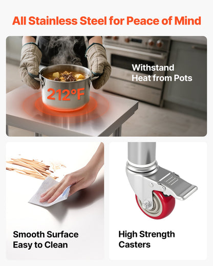 Stainless Steel Table, 24 x 18 Inches Food Prep Worktable with Wheels, Kitchen Prep Table with Adjustable Undershelf Workstations for Commercial Kitchen, Restaurant, Hotel and Garage, Outdoor