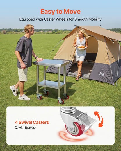 Stainless Steel Table, 24 x 18 Inches Food Prep Worktable with Wheels, Kitchen Prep Table with Adjustable Undershelf Workstations for Commercial Kitchen, Restaurant, Hotel and Garage, Outdoor