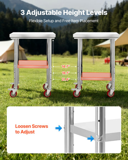 Stainless Steel Table, 24 x 18 Inches Food Prep Worktable with Wheels, Kitchen Prep Table with Adjustable Undershelf Workstations for Commercial Kitchen, Restaurant, Hotel and Garage, Outdoor