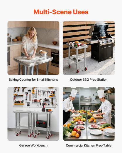 Stainless Steel Table, 24 x 18 Inches Food Prep Worktable with Wheels, Kitchen Prep Table with Adjustable Undershelf Workstations for Commercial Kitchen, Restaurant, Hotel and Garage, Outdoor