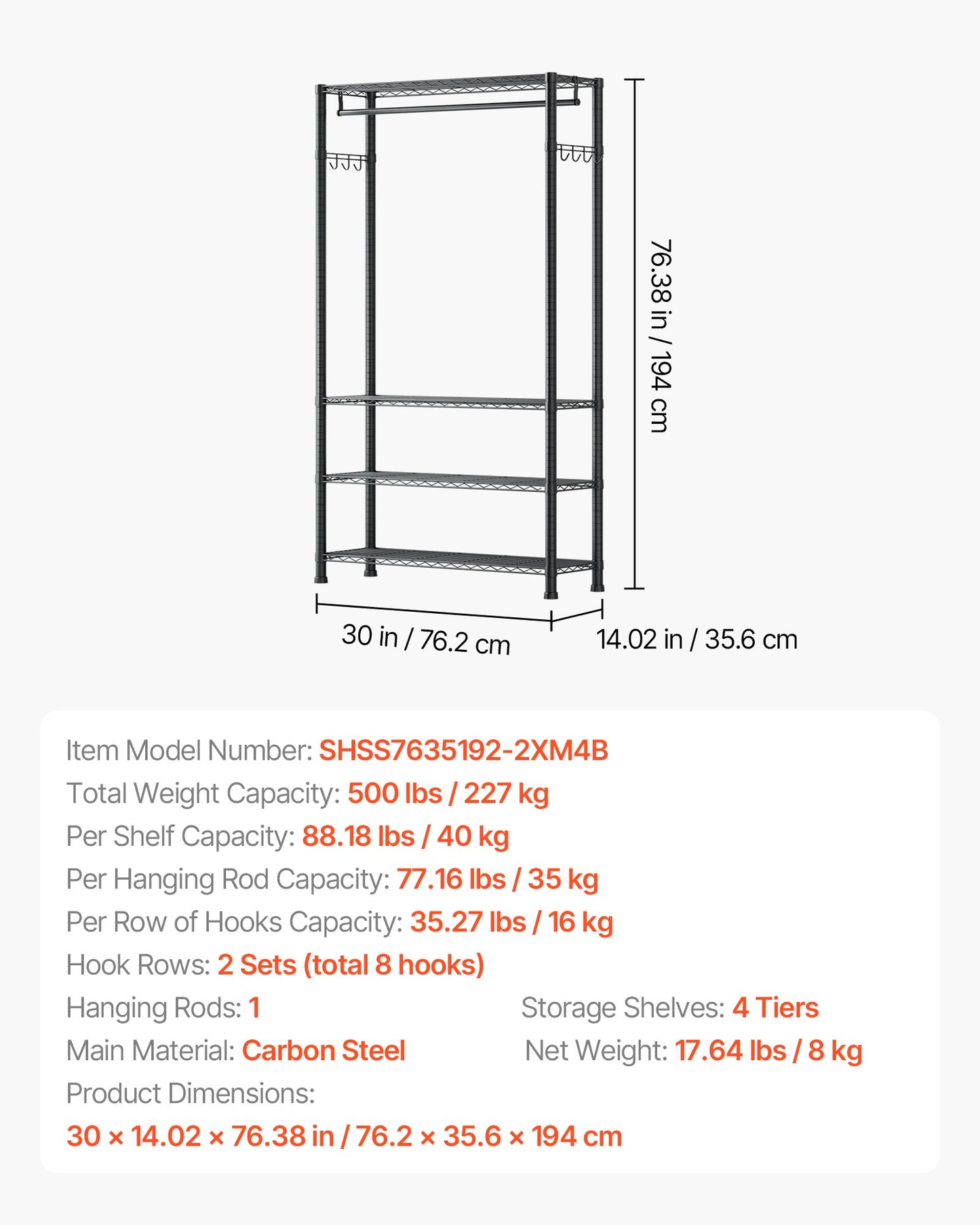 Clothing Garment Rack, Heavy Duty Clothing Garment Rack, 4 Adjustable Tiers Clothing Racks with Carbon Steel, 500 lbs Load Capacity Closet Wardrobe for Bedroom, Clothing Store, Hallway