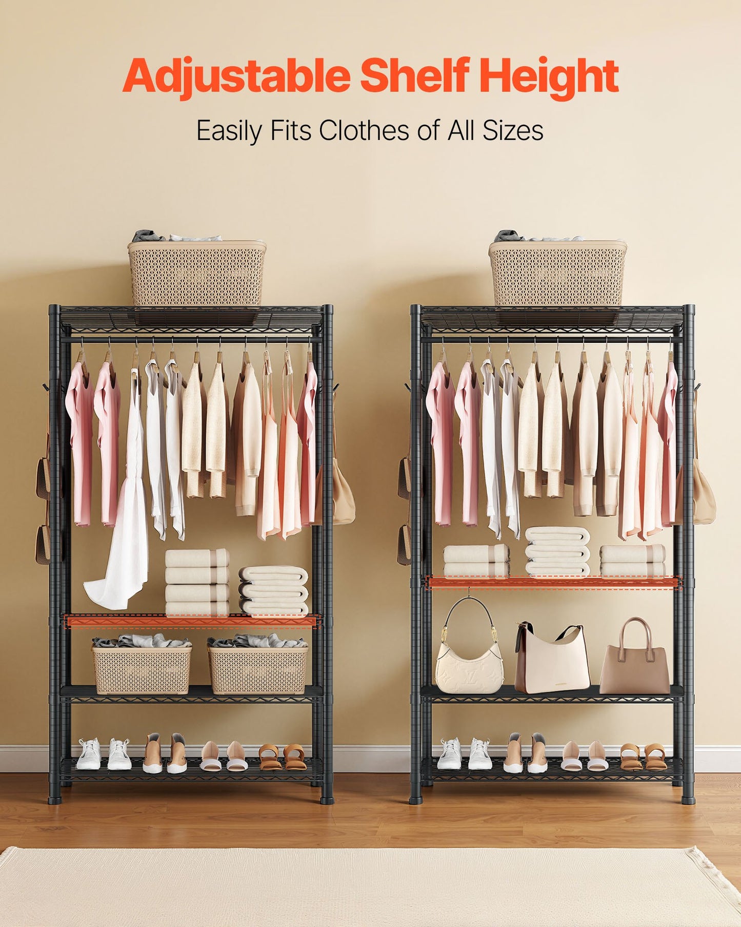 Clothing Garment Rack, Heavy Duty Clothing Garment Rack, 4 Adjustable Tiers Clothing Racks with Carbon Steel, 500 lbs Load Capacity Closet Wardrobe for Bedroom, Clothing Store, Hallway