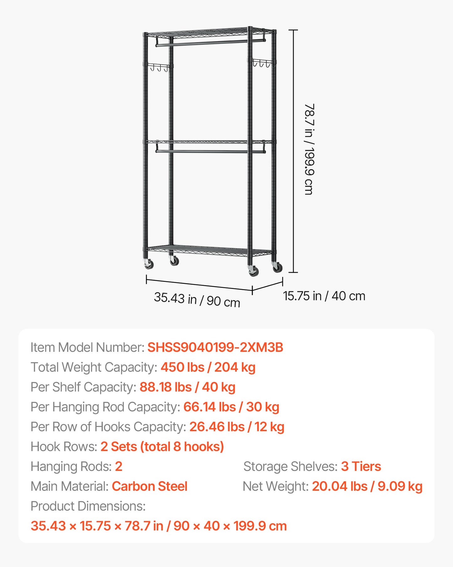 Rolling Clothes Rack, Heavy Duty Clothing Garment Rack, 3 Adjustable Tiers Clothing Racks with Carbon Steel, 450 lbs Load Capacity Closet Wardrobe for Bedroom, Clothing Store, Hallway