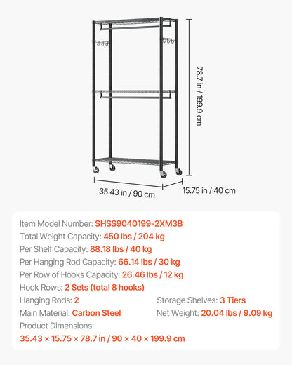 Rolling Clothes Rack, Heavy Duty Clothing Garment Rack, 3 Adjustable Tiers Clothing Racks with Carbon Steel, 450 lbs Load Capacity Closet Wardrobe for Bedroom, Clothing Store, Hallway