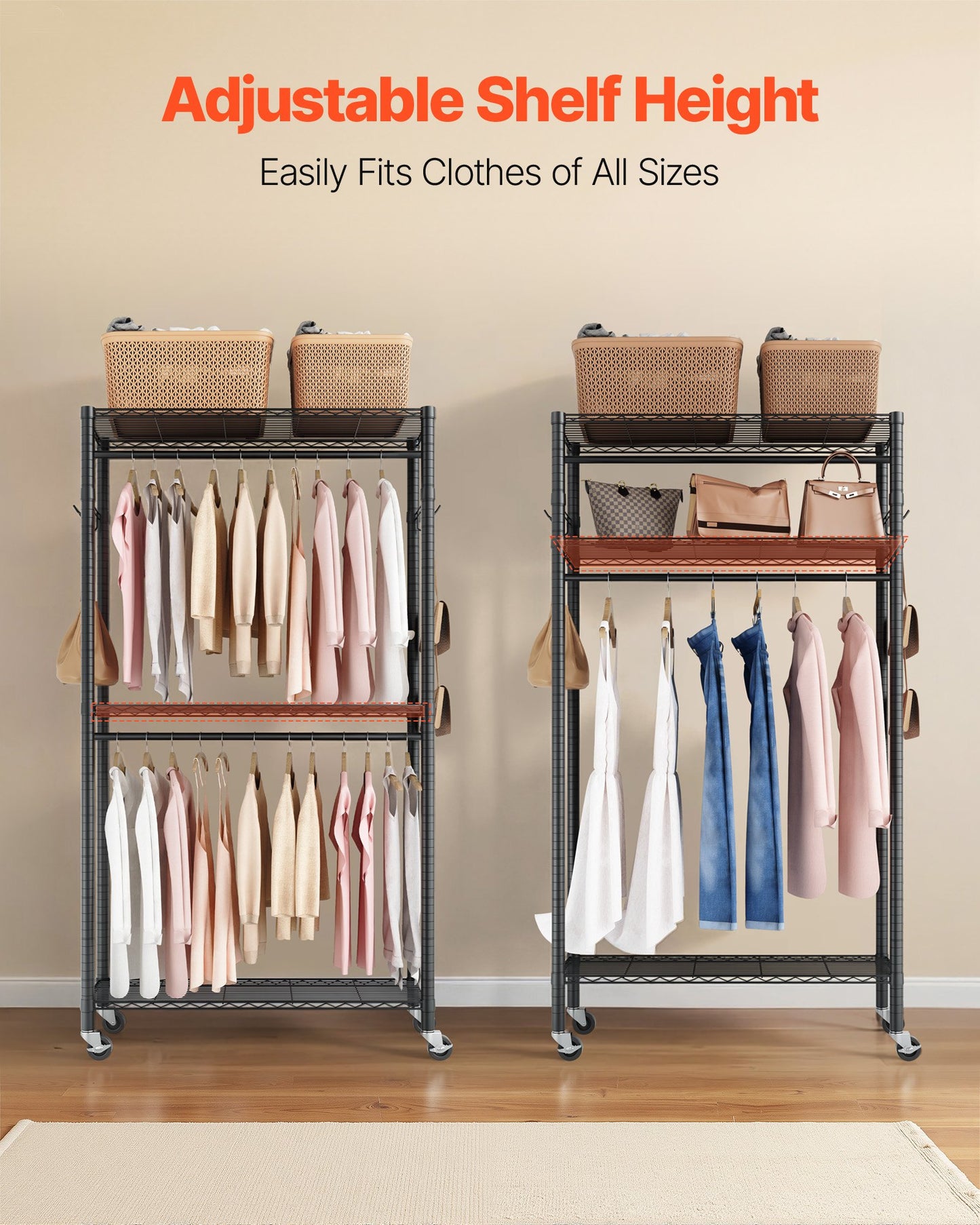 Rolling Clothes Rack, Heavy Duty Clothing Garment Rack, 3 Adjustable Tiers Clothing Racks with Carbon Steel, 450 lbs Load Capacity Closet Wardrobe for Bedroom, Clothing Store, Hallway