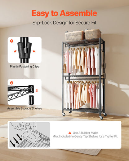 Rolling Clothes Rack, Heavy Duty Clothing Garment Rack, 3 Adjustable Tiers Clothing Racks with Carbon Steel, 450 lbs Load Capacity Closet Wardrobe for Bedroom, Clothing Store, Hallway