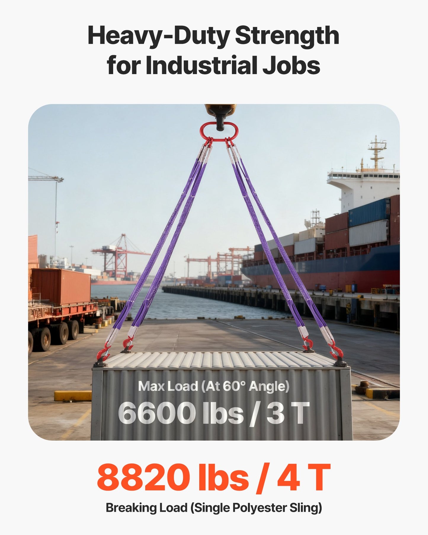 Lifting Sling Straps, Four Leg Polyester Bridle Sling with Hooks, 6600LB Capacity, 5Ft Heavy Duty Rigging Strap, Thickened & Wear-Resistant Webbing Slings for Engines Cranes Hoists Truck
