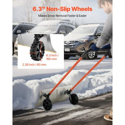 Snow Pusher with Wheels 24 Inch Durable Metal Snow Plow for Driveway | EU