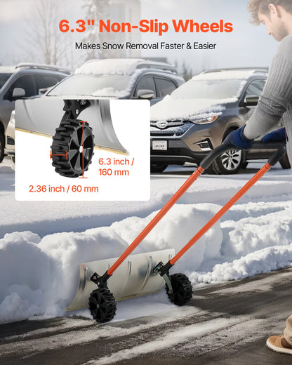 Snow Pusher Shovel with Wheels, 24 in Wheeled Snowplow Shovel with Bi-Directional Angled Blade & 90 Degree Adjustable Handle, Metal Winter Shovels, Portable Snow Removal Tool for Driveway Garden