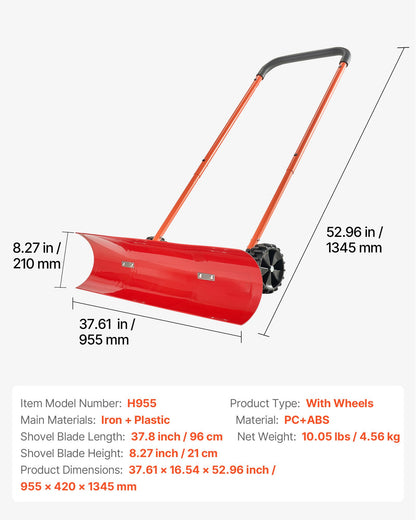 Snow Pusher Shovel with Wheels, 37.8 in Wheeled Snowplow Shovel with Bi-Directional Angled Blade & 90° Adjustable Handle, Durable Plastic Winter Shovels, Portable Snow Removal Tool for Driveway