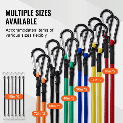 30 pc Bungee Cord Set 8mm Heavy Duty Bungee Straps with steel carabiners