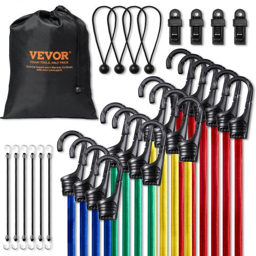 32 Piece Bungee Cords Assortment, 8 mm Heavy Duty Bungee Straps with A3 Steel Hooks, Including 10", 24", 32", 40", 48", Bungee Ropes Set with Portable Storage Bag, 4 Clips & Canopy Ties