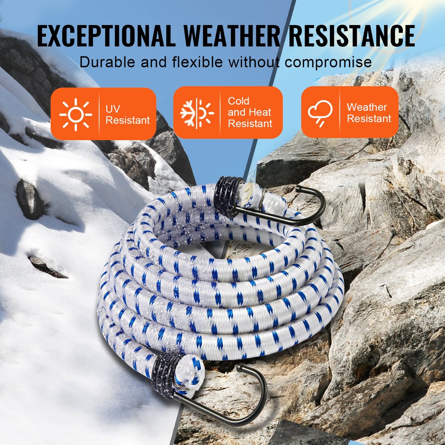 6 Piece Bungee Cords with A3 Steel Hooks, 72 Inch Heavy Duty Bungee Straps, 12 mm Elastic Bungee Ropes Set for Camping, Tarps, Motorcycle, Truck and Tent, White with Blue Stripes
