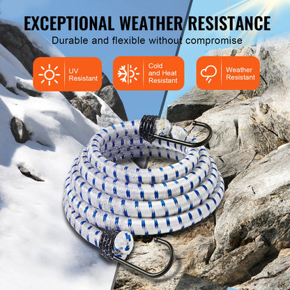6 Piece Bungee Cords with A3 Steel Hooks, 72 Inch Heavy Duty Bungee Straps, 12 mm Elastic Bungee Ropes Set for Camping, Tarps, Motorcycle, Truck and Tent, White with Blue Stripes